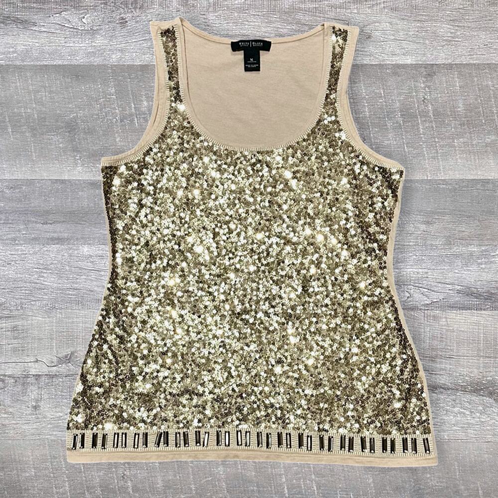 WHBM Gold Sequin Sleeveless Top Scoop Neck Womens M Tan Stretch Bling Tank